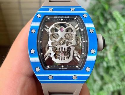 Replica Richard Mille RM052-01 Tourbillon PVD Blue Bezel JB Factory Best Edition Skeleton Dial on Gray Rubber Strap