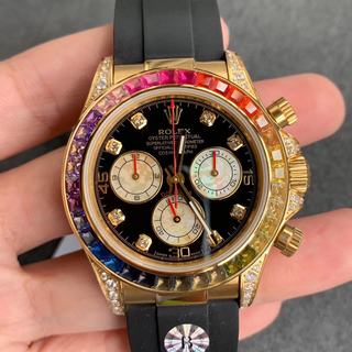 Replica Rolex Daytona Cosmograph Rainbow 116589RBOW BL Factory 1:1 Best Edition, Chronograph, Yellow Gold & Diamonds, Multicolour Diamond Bezel, Black Dial, Black Rubber Strap, SWISS Rolex 4130 Automatic Movement