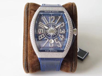 Replica Franck Muller Vanguard Yachting V45 SC DT AC BL OX Factory 1:1 Best Edition, Stainless Steel & Diamond, Diamond Bezel, Blue Dial, Blue Leather Strap, SWISS ETA 2824-2 Automatic Movement