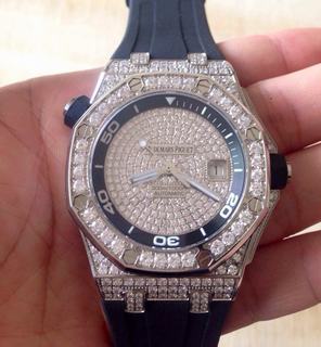 Replica Audemars Piguet Royal Oak Offshore Diver 15703 with Full Diamonds Crystals Silver Swiss 2824 Case on Rubber Strap