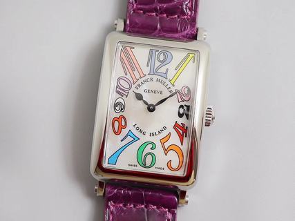 Replica Franck Muller Ladies Long Island 1952 952 QZ D CD GF Factory1:1 Best Edition, Silver Bezel, mother of pearl Dial, Purple Leather Strap, SWISS Quartz