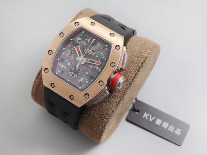 Replica Richard Mille RM011-03 KV Factory 1:1 Best Edition, Chronograph, Titanium, Rose Gold Bezel, Black Dial, Black Rubber Strap, SWISS ETA 7750 Automatic Movement