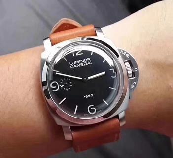 Replica Panerai Luminor 1950 PAM127 1:1 Best Edition, 47MM, Stainless Steel, Black Dial, Brown Leather Strap, SWISS OP XI Manual Winding
