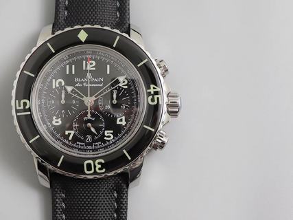 Replica Blancpain Fifty Fathoms Chronograph Flyback 5085F 1130 52A OM Factory 1:1 Best Edition, Stainless Steel, Black Dial, Black Nylon Strap, SWISS ETA 7750 Automatic Movement