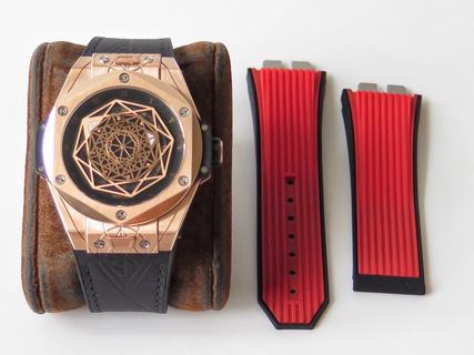 Replica Hublot Big Bang Sang Bleu King Gold 415.OX.1118.VR.MXM17 HB Factory 1:1 Best Edition, Rose Gold, Black Dial, Black Leather Strap/Red Rubber Strap, SWISS HUB1213 UNICO Manufacture Automatic Movement