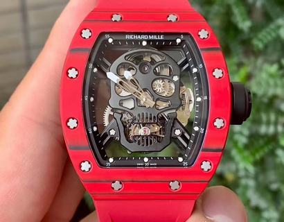 Replica Richard Mille RM052-01 Tourbillon PVD Red Bezel JB Factory Best Edition Skeleton Dial on Red Rubber Strap
