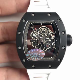 Replica Richard Mille RM55 Noob Factory KV 1:1 Best Edition, Black Ceramic, Black Skeleton Dial, White Rubber Strap, M8215 Automatic Movement