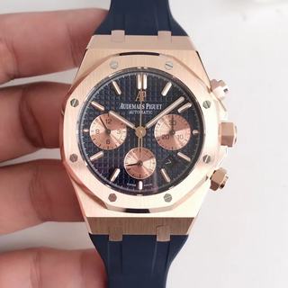 Replica Audemars Piguet Royal Oak Chronograph 26331 BF Factory 1:1 Best Edition, Chronograph, 41MM, Rose Gold, Blue Dial & Champagne Subdials, Blue Rubber Strap, SWISS ETA 7750 Automatic Movement