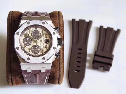 Replica Audemars Piguet Royal Oak Offshore Safari 2014 JF V2 1:1 Best Edition White Dial on Brown Leather Strap A3126 (Free Rubber Strap)