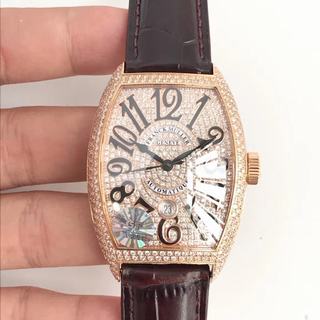 Replica Franck Muller Casablanca 8880 SC DT Noob Factory GF 1:1 Best Edition, Rose Gold & Diamonds, Diamond Bezel, Diamond Dial, Brown Leather Strap, SWISS ETA 2824-2 Automatic Movement