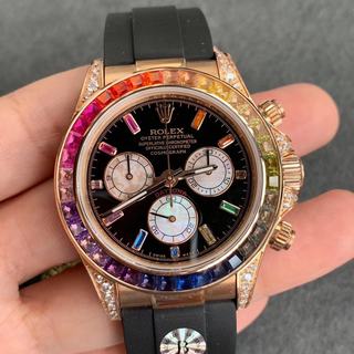 Replica Rolex Daytona Cosmograph Rainbow 116589RBOW BL Factory 1:1 Best Edition, Chronograph, Rose Gold & Diamonds, Multicolour Diamond Bezel, Black Dial, Black Rubber Strap, SWISS Rolex 4130 Automatic Movement
