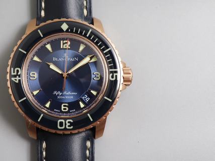 Replica Blancpain Fifty Fathoms 5015 3603C 63B ZF Factory 1:1 Best Edition, Rose Gold, Blue Dial, Blue Leather Strap, SWISS Blancpain 1315 Automatic Movement