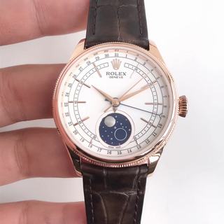 Replica Rolex Cellini Moonphase 50535 RXW Factory 1:1 Best Edition, 39MM, Rose Gold, White Dial, Black Leather Strap, SWISS Rolex ETA 2824 Automatic Movement