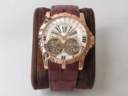 Replica Roger Dubuis Hommage Double Tourbillon RDDBEX0249 Plating18K Rose Gold JB Factory 1:1 Best Edition, Rose Gold/ White Dial, Brown Leather Strap, Roger Dubuis RD01 Manual Winding