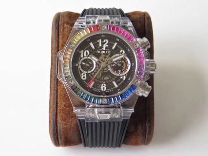 Replica Hublot Big Bang Unico Galaxy Sapphire Limited Edition 411.JX.4803.RT.4098 OX Factory 1:1 Best Edition, Chronograph, Sapphire Crystal, Multi Coloured Diamond Bezel, Skeleton Dial, Black Rubber Strap, SWISS HUB1242 Automatic Movement