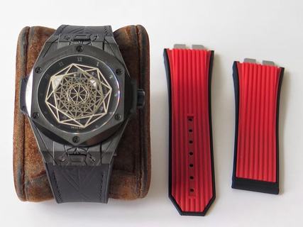 Replica Hublot Big Bang Sang Bleu Black Magic 415.CX.1112.VR.MXM18 HB Factory 1:1 Best Edition, PVD, Black Dial, Black Leather Strap, SWISS HUB1213 UNICO Manufacture Automatic Movement