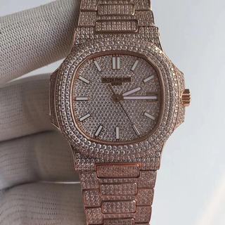Replica Patek Philippe Nautilus Jumbo 5719/10G-010 DM Factory 1:1 Best Edition, Rose Gold & Diamonds, Diamond Dial, Rose Gold & Diamonds Bracelet, SWISS Patek Philippe 324SC Automatic Movement