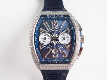 Replica Franck Muller Vanguard Yachting Chronograph Diamonds V45 CC DT OX Factory 1:1 Best Edition, Stainless Steel, Blue Dial, Blue Leather Strap, SWISS ETA 7750 Automatic Movement