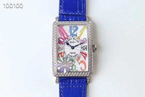 Replica Franck Muller Ladies Long Island Color Dreams 1200 CH COL DRM D GF Factory 1:1 Best Edition, Stainless Steel & Diamonds, Diamond Bezel, Silver Dial, Blue Leather Strap, SWISS Quartz