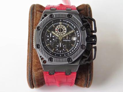 Replica Audemars Piguet Royal Oak Offshore Survivor 26165IO.OO.A002CA.01 Noob Factory V5 1:1 Best Edition, 44MM, Titanium, Black Dial, Red Leather Strap, SWISS ETA 7750 Automatic Movement RUN SECONDS At 12@
