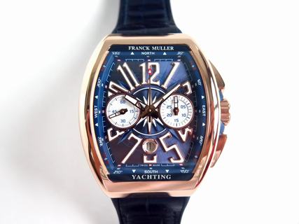Replica Franck Muller Vanguard Yachting Chronograph V45 CC DT OX Factory 1:1 Best Edition, Rose Gold, Diamond Bezel, Blue Dial, Blue Nylon Strap, SWISS ETA 7750 Automatic Movement
