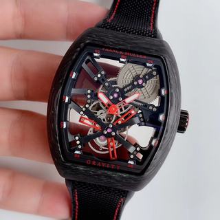 Replica Franck Muller Vanguard Gravity Black Carbon fiber Skeleton V 45 T GRAVITY CS SQT Seiko Factory 1:1 Best Edition, PVD, Skeleton Dial, Black Nylon Strap, M9015 Automatic Movement