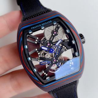 Replica Franck Muller Vanguard Gravity Colored Carbon fiber Skeleton V 45 T GRAVITY CS SQT Seiko Factory 1:1 Best Edition, PVD, Skeleton Dial, Black Nylon Strap, M9015 Automatic Movement